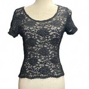 Studio‎ J Women's Black Lace Mesh Floral Short Sleeve Top Whimsigoth Grunge